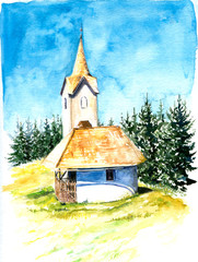 Fototapeta na wymiar Church at Matzenberg watercolor painted.