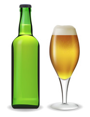 Beer bottle and glass. Vector illustration.