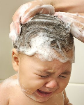 One-year-old Baby Girl Washing Hair Crying