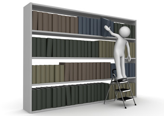 Man on stepladder takes book from bookcase