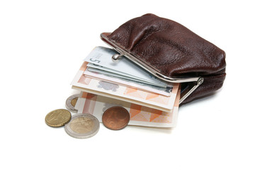 Euros and coins in pouch