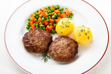Fried pork chop  with boiled potatoes and vegetables