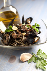 Ink squid spaghetti selective focus on front