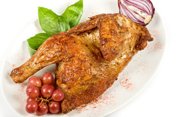 Half roasted chicken closeup