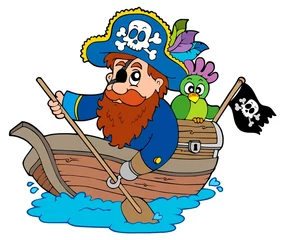 Papier Peint photo autocollant Pirates Pirate avec perroquet pagayer en bateau
