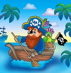 Tuinposter Cartoon piraat peddelen in boot © Klara Viskova