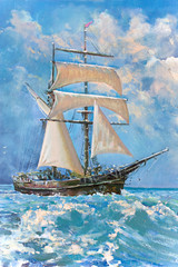 Drawing of boat is under sail, painting