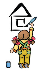 Smal girl is  drawing  house on  the wall