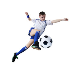 Naklejka na ściany i meble Boy with soccer ball, Footballer. (isolated)