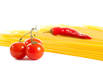 Pasta and tomatoes and red hot chilli peppers
