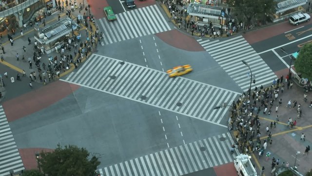 Famous Shibuya (Tokyo) cross-walk from high above at sunset