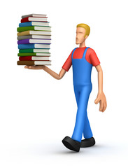 Mechanic with a stack of books