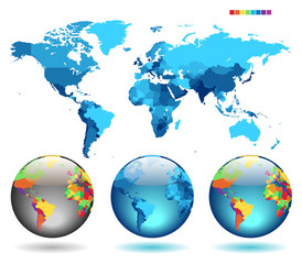 Fototapeta na wymiar Globes on blue detailed map