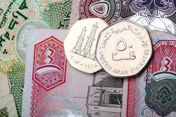 Fototapeta premium uae currency dirhams - 50 fils coins and dirham notes
