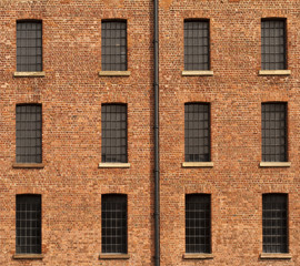 Old Orange Brick Wall with Twelve Windows and Gutter