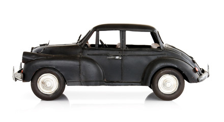Classic english style toy car, isolated on white. Side view.