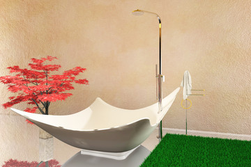 Vasca da bagno con tappeto verde e pianta rossa