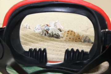 Tauchermaske, Muscheln, Sand