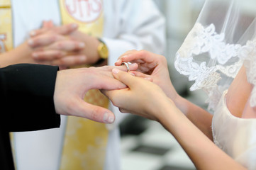 Bride putting a ring on groom's finger