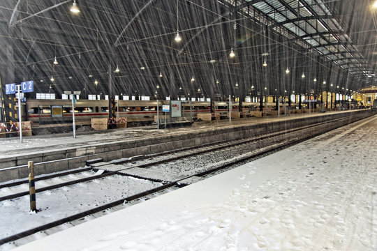 heavy snow in Train Station   in Wintertime