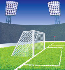Soccer field with detailed goal and grass.