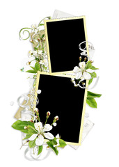 frame with cherry flowers on the old paper stack