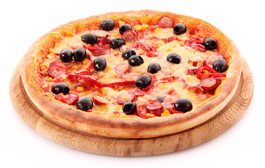 Pizza with olives on wooden plate isolated on white.