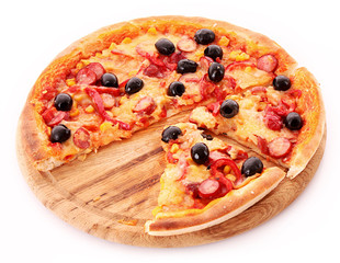 Sliced Pizza with olives on wooden plate isolated on white.