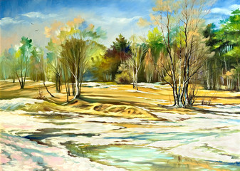 Fototapeta na wymiar Spring landscape with trees and a snow