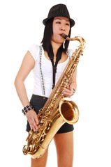 Fototapeta na wymiar Chinese girl playing the saxophone.