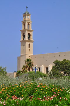 Bell tower of Saint Peter church in Jaffa. Israel.   