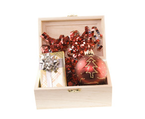 bauble and present in wood chest