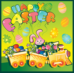 Train carrying lots of brightly flowers and easter eggs.