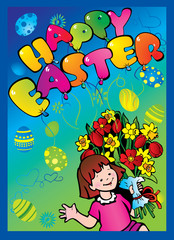 Fototapeta na wymiar Girl with flowers and easter eggs. Happy Easter.