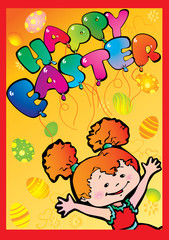 Glad girl on a yellow background. Happy Easter.