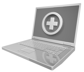 Shiny grey laptop with white cross sign isolated on white.