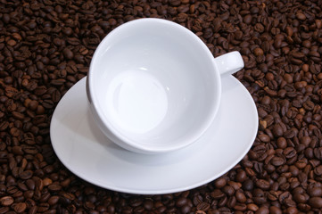 Kaffeebohnen und eine weisse Tasse