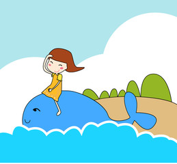 Girl play with blue whale