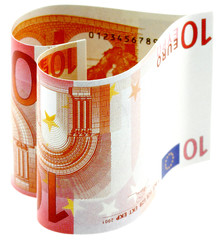 billets de 10 euros assemblés en forme de coeur, fond blanc