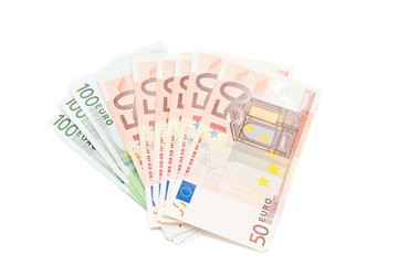 Euro banknotes isolated on a white background..