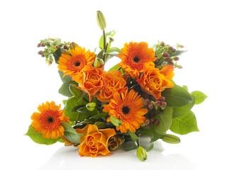 Bouquet of orange flowers over white background