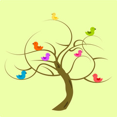 Funny colorful birds on the bald tree. Vector illustration