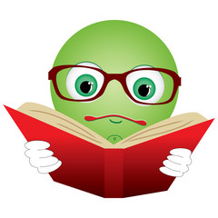Green smiley-ball in glasses read red book, vector illustration