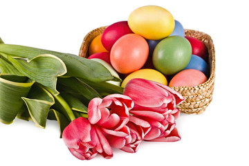 Basket with eggs and flowers