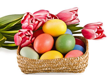 Basket with eggs and flowers