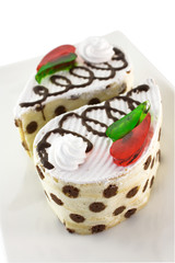Cake vanilla-chocolate sponge with whipped cream and jelly