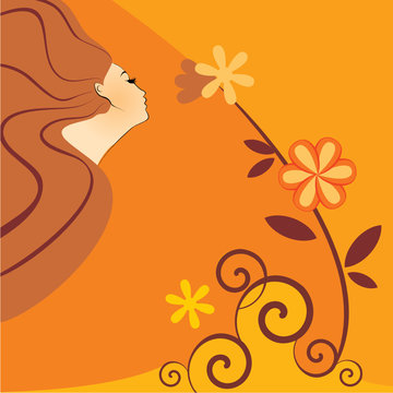 orange background with girl znd flowers