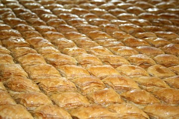 Baking tray full of fresh and juicy baklava
