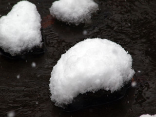 雪を冠る小川の石