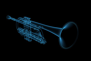 3D rendered blue transparent glowing trumpet